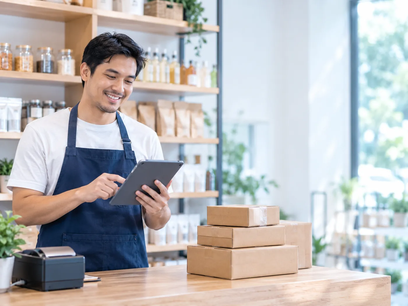 Pemilik toko tersenyum memproses pesanan di tablet, paket siap dikirim di meja kasir